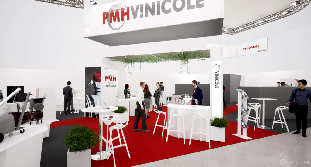 3D du stand hybride PMH Vinicole (modulaire + traditionnel) réalisé pour le salon Sitevi 2023