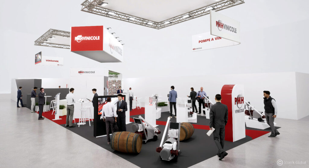 3D du stand hybride PMH Vinicole (modulaire + traditionnel) réalisé pour le salon Sitevi 2023