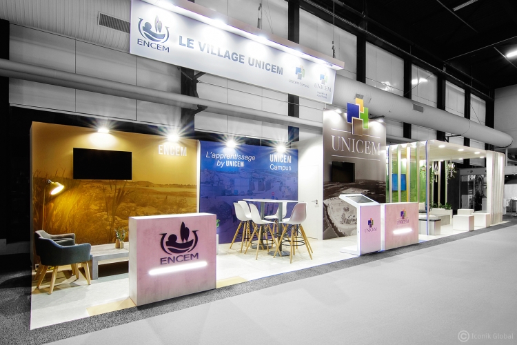 Stand menuisé UNICEM réalisé par les standistes Iconik Global lors de l'édition 2023 du Congrès de la Sim à Bordeaux.