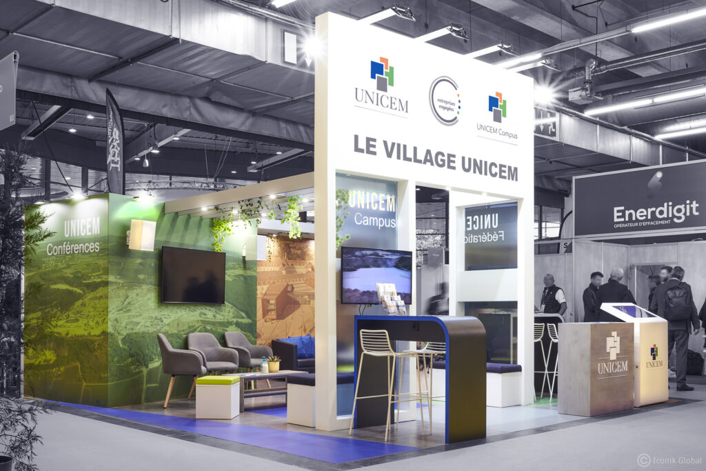 Stand Unicem menuisé, réalisé pour l'édition 2024 du Congrès de la SIM à Dijon